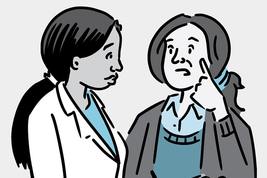 Illustration of a woman describing symptoms to her doctor Illustration of a woman describing symptoms to her doctor.