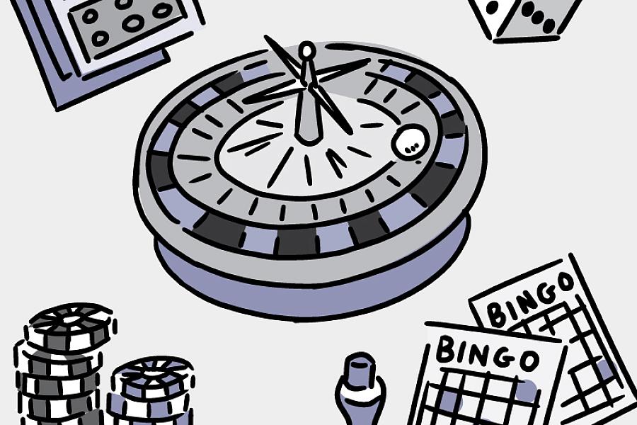 Illustration of things used in gambling, including lottery ticket, dice and chips.