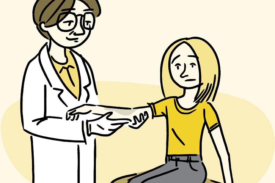 Illustration of a doctor examining a rash on a woman’s arm.