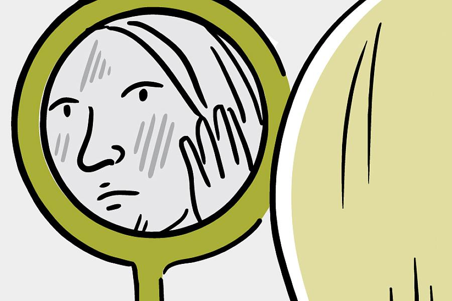 Illustration of a woman looking into a mirror and touching blotches on her face.