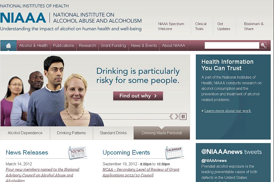 Screen capture of the homepage for NIH’s NIAAA.