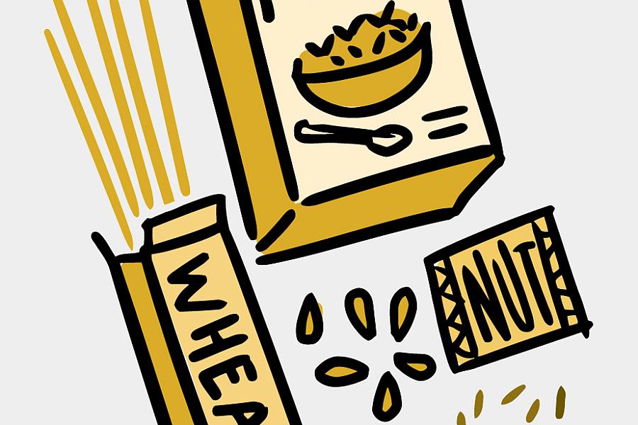 Illustration of a high-fiber cereal, wild rice, whole-wheat pasta and nuts.