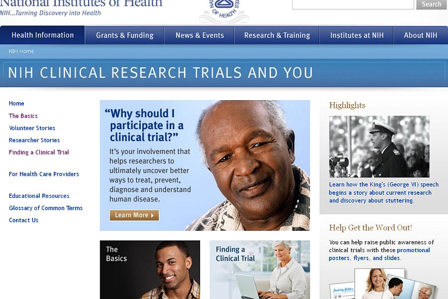 Screen capture of the homepage for NIH Clinical Research Trials and You.