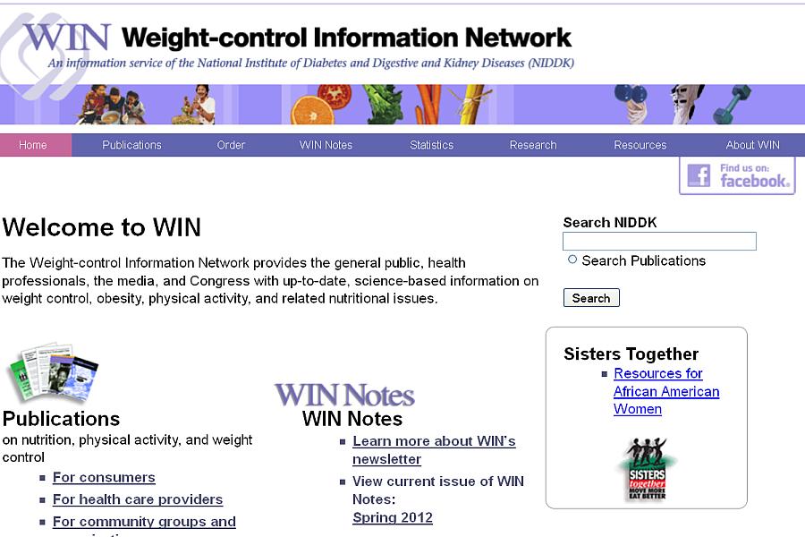 Screen capture of the homepage for the Weight-control Information Network.