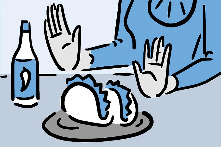 Illustration of a woman pushing away spicy tacos and hot sauce Illustration of a woman pushing away spicy tacos and hot sauce.