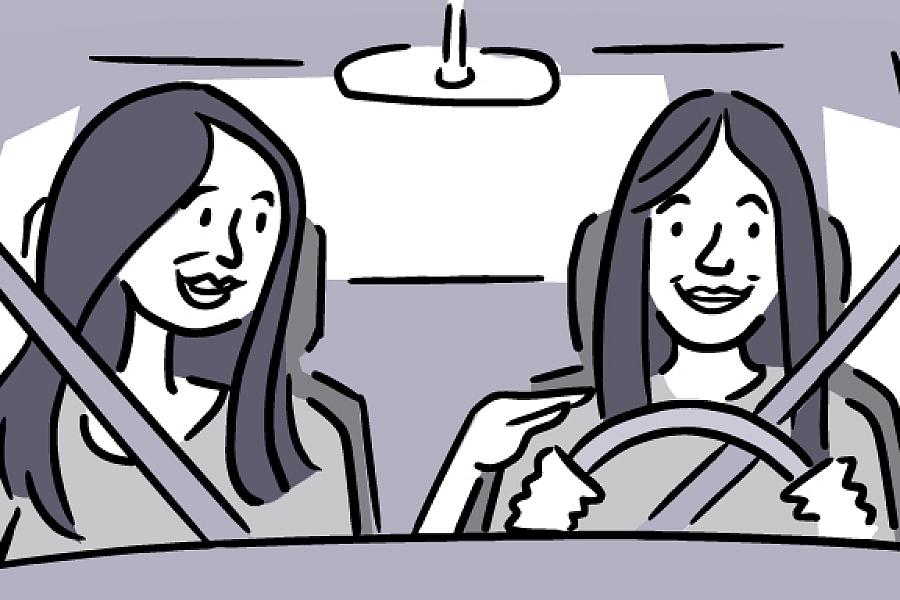 Illustration of a smiling teen driver with her mother in the passenger seat.