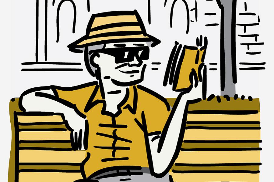 Illustration of an older man wearing a brimmed hat and sunglasses while reading a book outside.