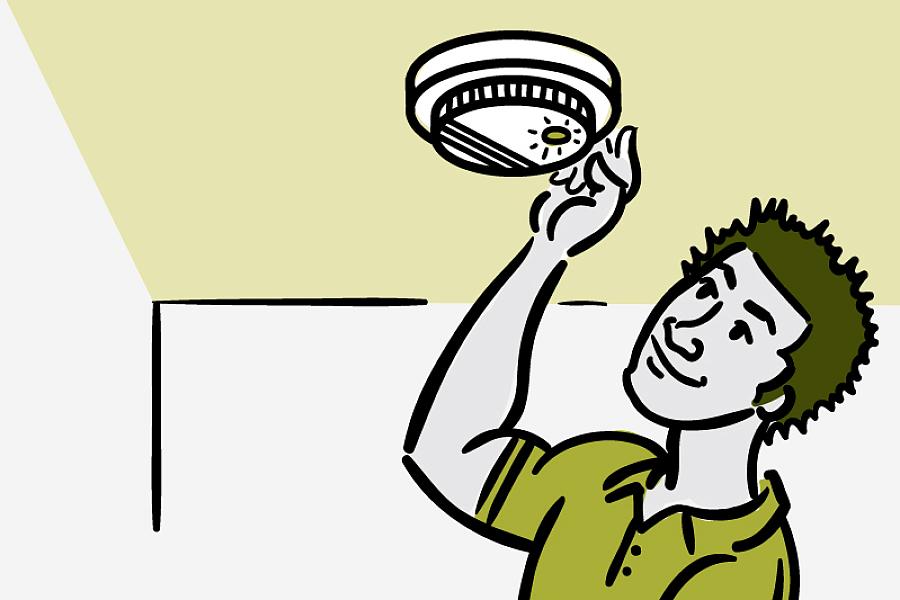 Illustration of a man on a ladder checking a ceiling smoke detector.