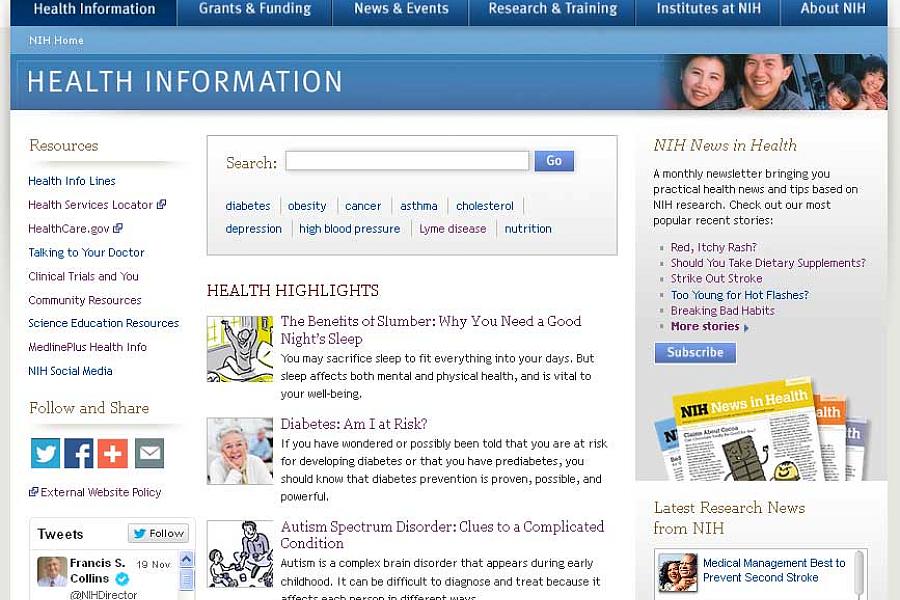 Screen capture of the homepage for the NIH Health Information website.