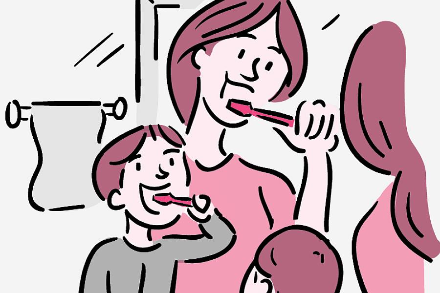 Illustration of a mother and toddler brushing their teeth in front of a mirror.