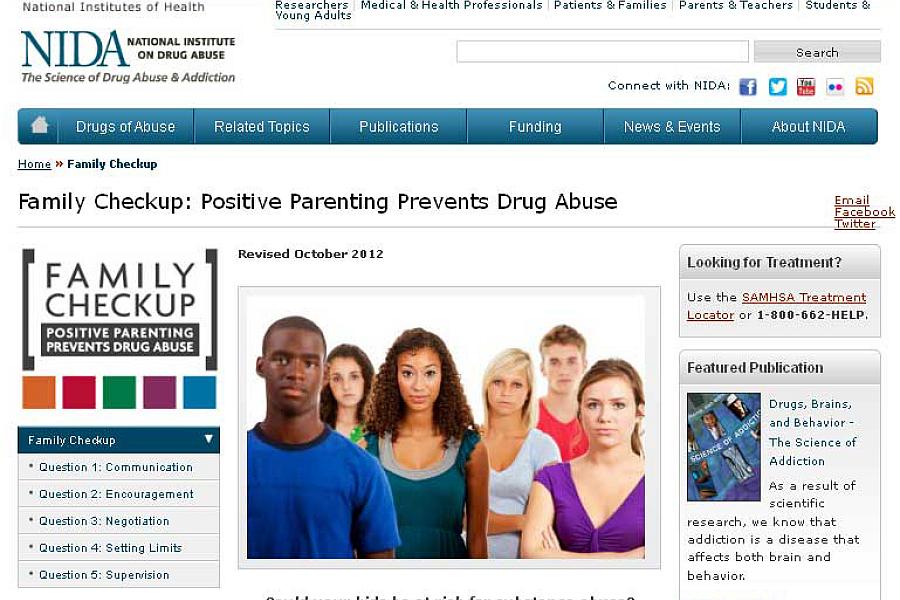 Screen capture of the homepage for Family Checkup: Positive Parenting Prevents Drug Abuse.