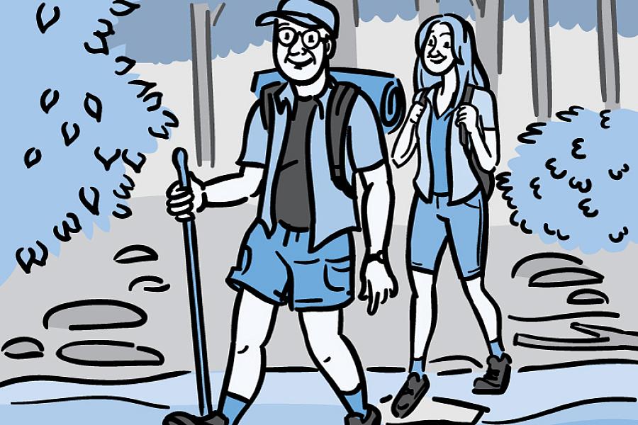 Illustration of an older couple hiking through the woods.