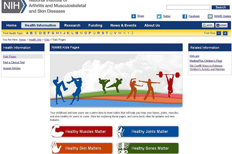 Screen capture of the homepage for the NIAMS Kids Pages website.