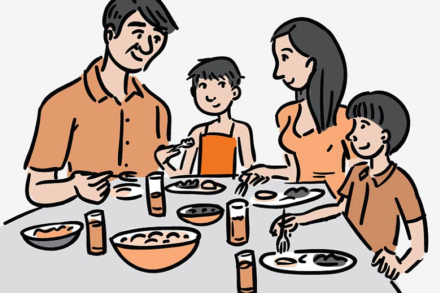 Illustration of a family eating dinner, including a thin young girl with very short hair who’s recovering after cancer therapy.