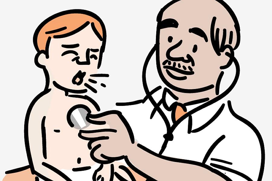 Illustration of a physician examining a coughing baby.