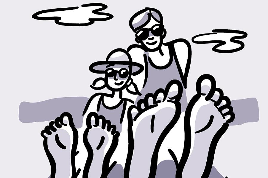 Illustration of a girl and dad sitting at the beach, with their bare feet in the foreground.