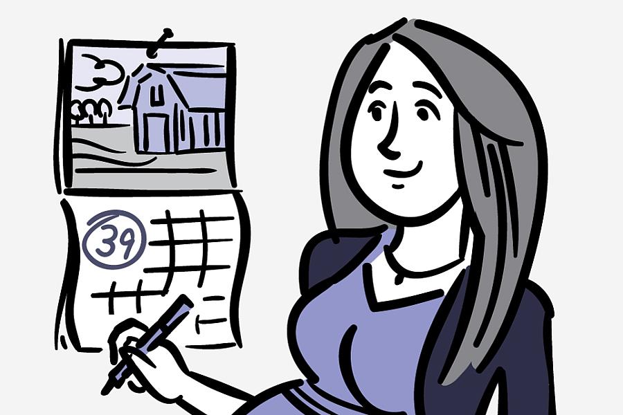 Illustration of pregnant woman marking a large 39 on her wall calendar.