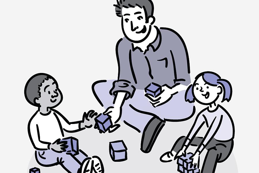 Illustration of a 2 preschoolers and a man playing with toy blocks.