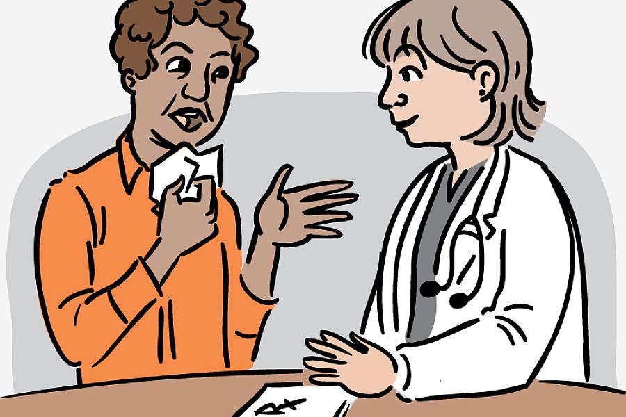 Illustration of a woman clutching a tissue near her face while talking with her doctor, who has a prescription pad handy.