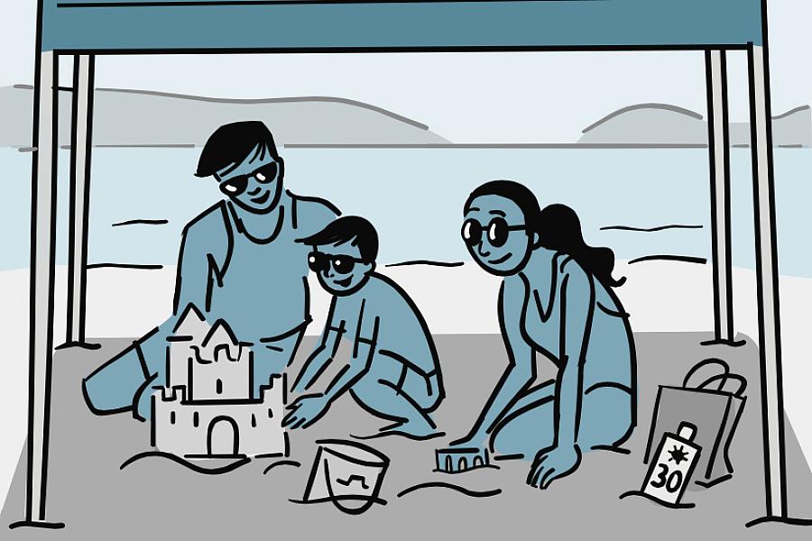 Illustration of a family under a shaded canopy at the beach.