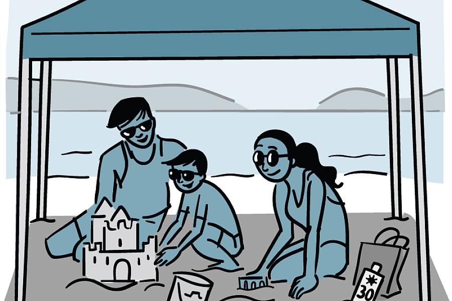 Illustration of a family under a shaded canopy at the beach.