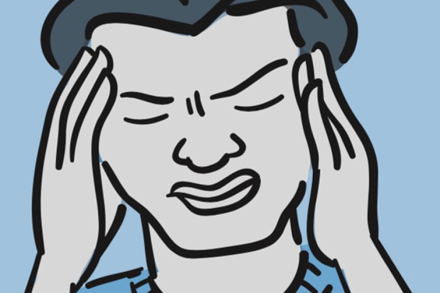 Illustration of a man with a pained expression holding his hands to his forehead.