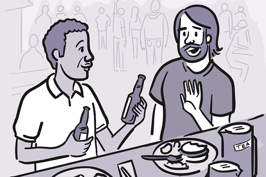 Illustration of a man declining a beer that’s being offered by his friend at a picnic.