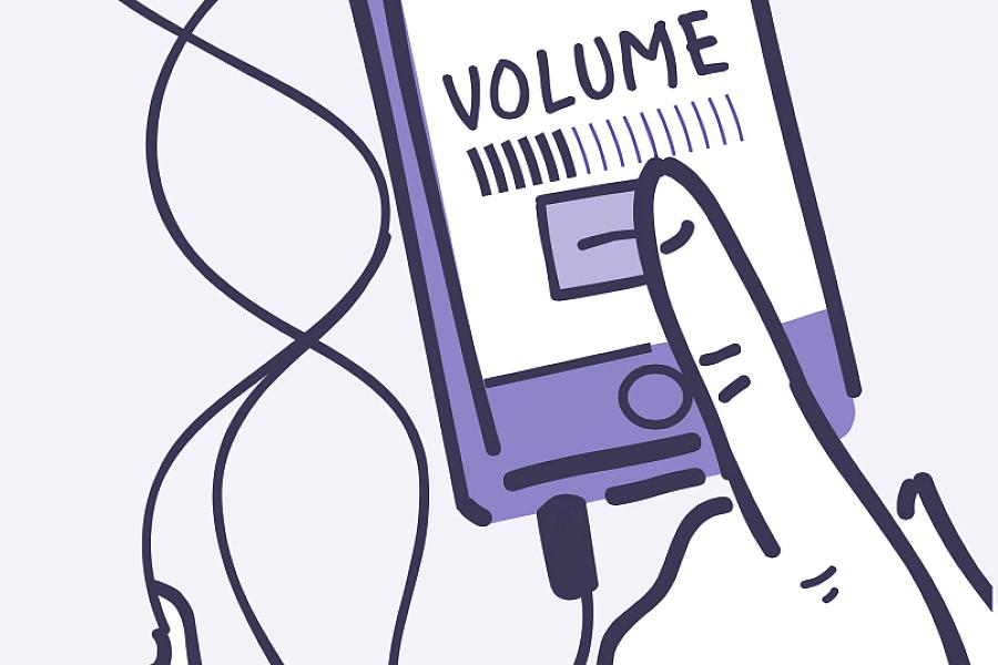 Illustration of a finger turning down the volume on an audio player with ear buds.