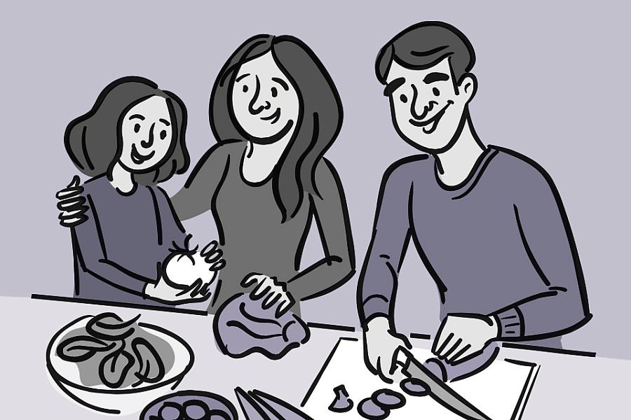 Illustration of a family making a healthy salad.