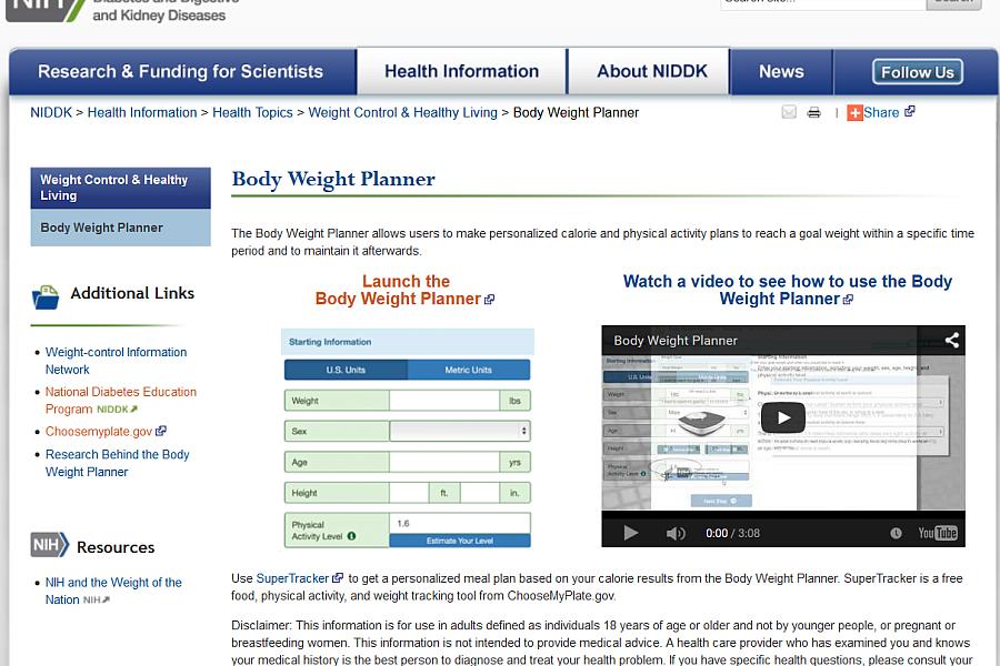 Screen capture of the homepage for the Body Weight Planner website.