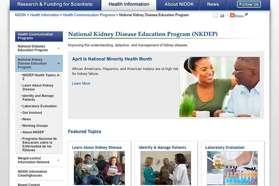 Screen capture of the homepage for NIH’s National Kidney Disease Education Program.