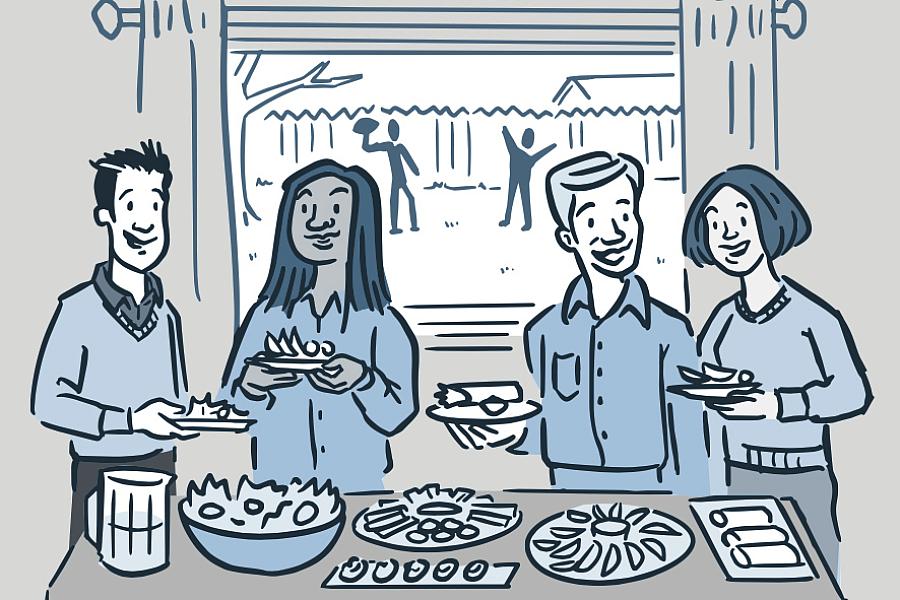 Illustration of adults at a holiday buffet table filled with healthy foods.