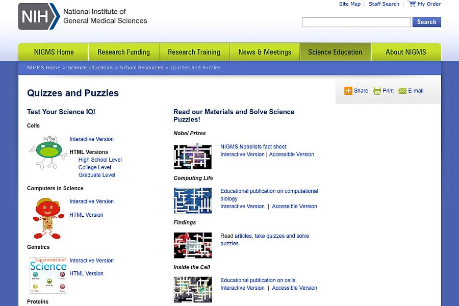 Screen capture of NIH’s Science Quizzes & Puzzles Web page.