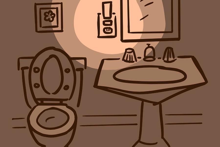 Illustration of bathroom toilet and sink lit up by a nightlight.