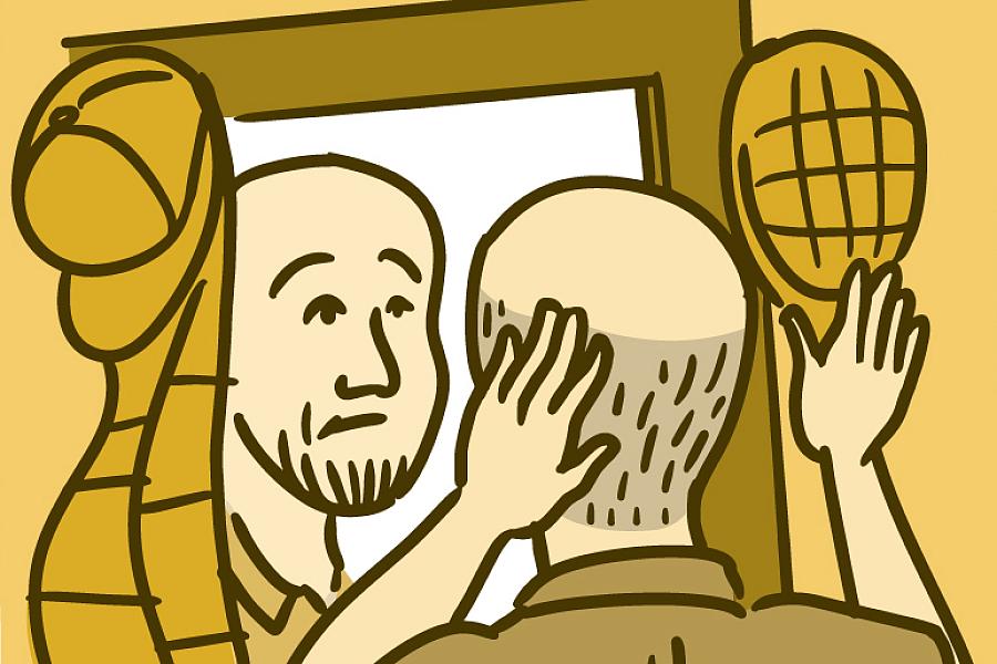 Illustration of a man looking in the mirror and touching his balding head