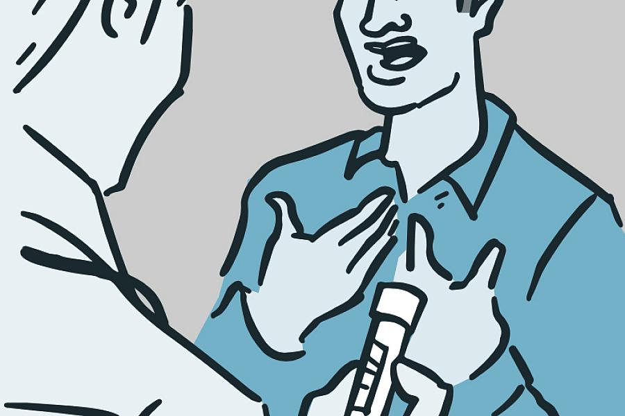 Illustration of a doctor holding a vial of blood while talking with a patient.