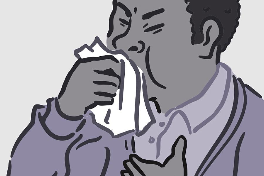 Illustration of man coughing into a tissue.