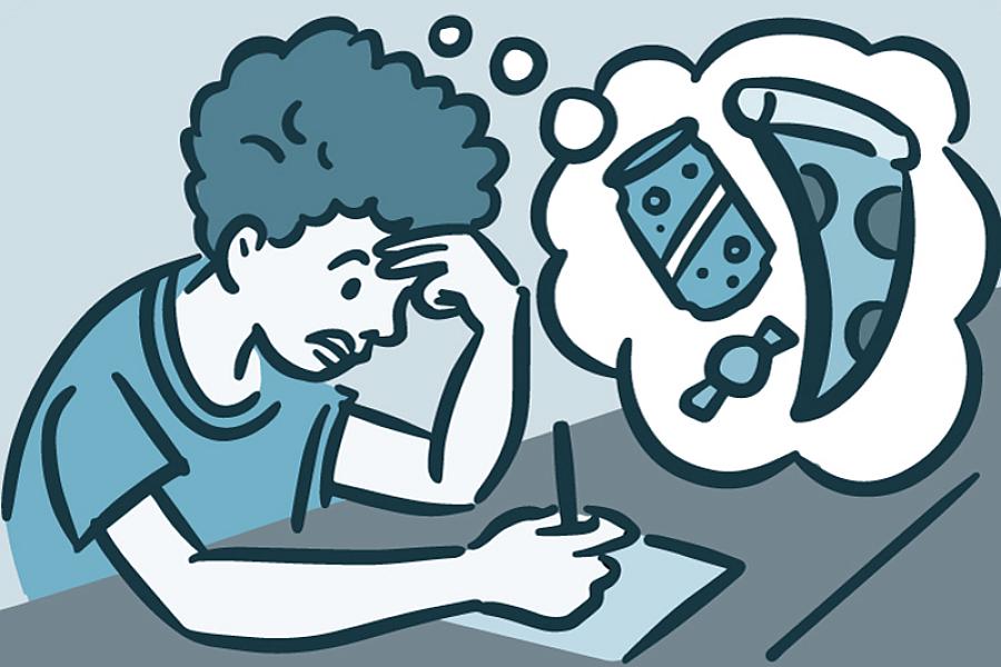 Illustration of a young person imagining junk food Illustration of a young person imagining junk food
