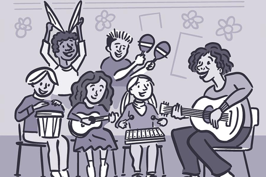 Illustration of kids playing music in a classroom.