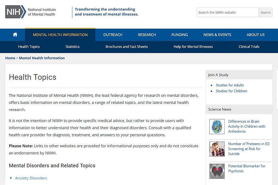 Screenshot of the NIMH website