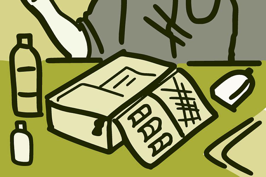 Illustration of a man putting together an emergency kit with medical supplies Illustration of a man putting together an emergency kit with medical supplies