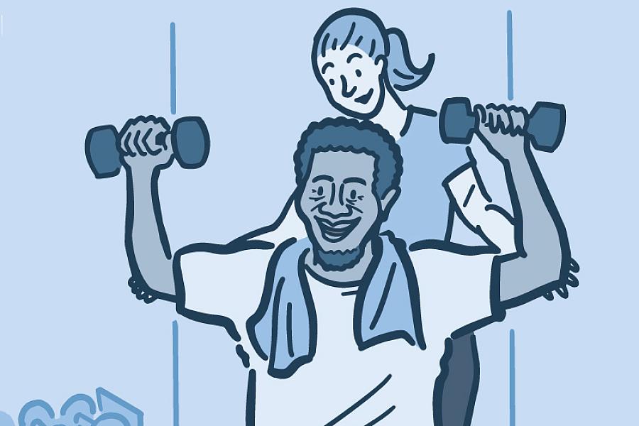 Illustration of a man lifting weights with a personal trainer