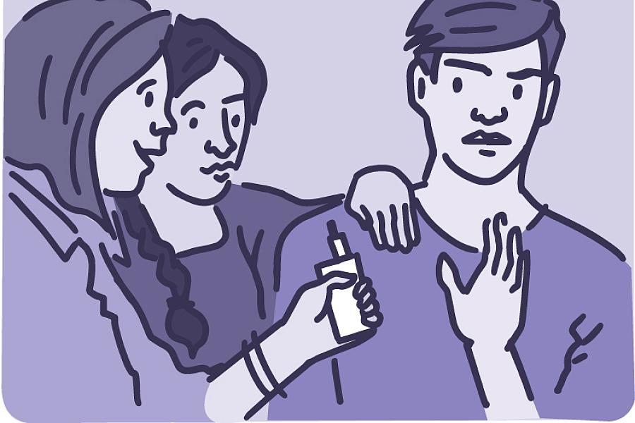 Illustration of a teenager saying no to friends offering him an electronic cigarette