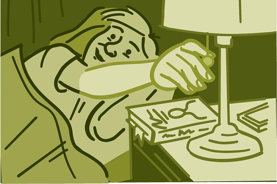 Illustration of man shutting off light and getting in bed