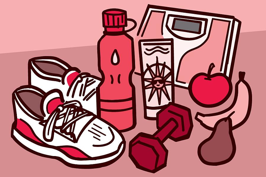 Illustration of a scale, sunscreen, exercise gear, and fruit