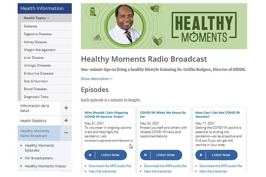 Screenshot of the Healthy Moments Broadcasts website