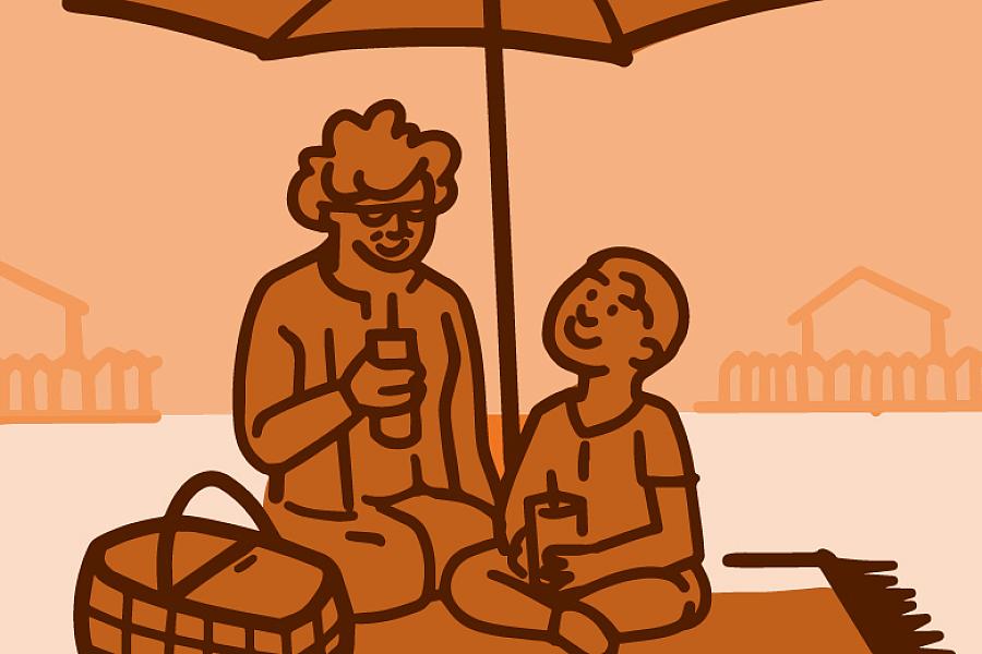 Illustration of a grandparent with their grandchild picnicking under an umbrella