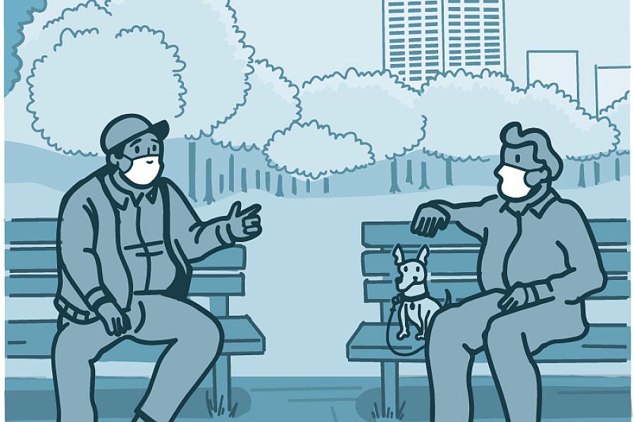 Illustration of two men wearing masks while sitting on park benches six feet apart