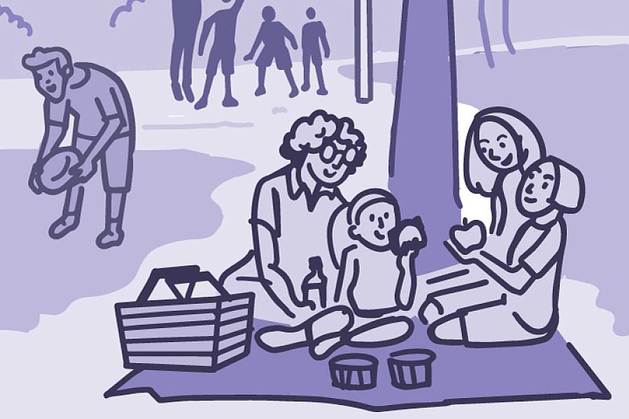 Illustration of families and friends being active together at a park