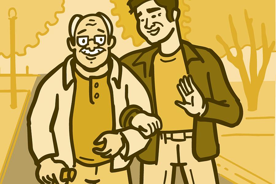 Illustration of an older man with cane walking with his son outside Illustration of an older man with cane walking with his son outside